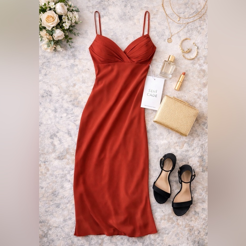Seni & Cade Bodycon Midi Dress Rust Red Sleeveless Size S NWT